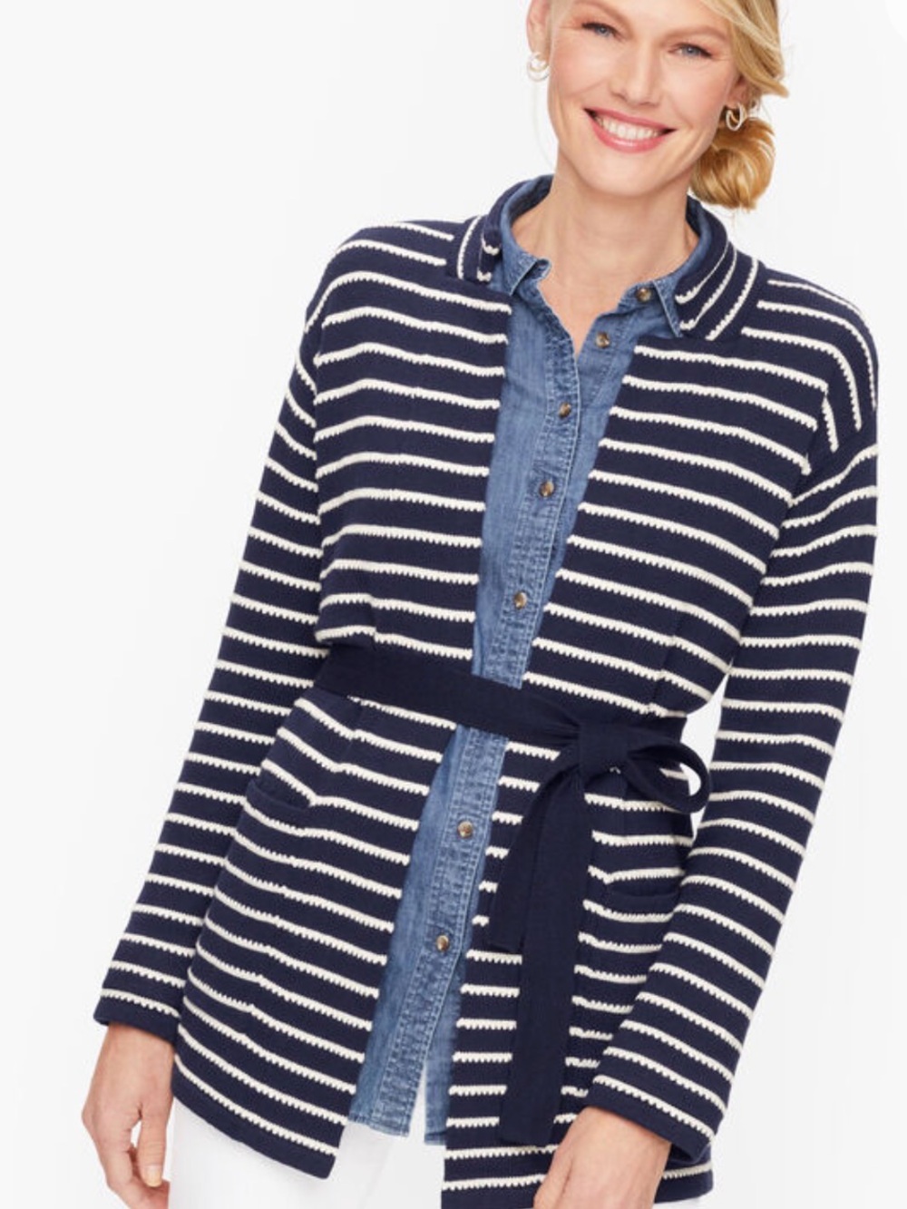 Talbots Navy and White Striped Belted Cashmere Blend Cardigan